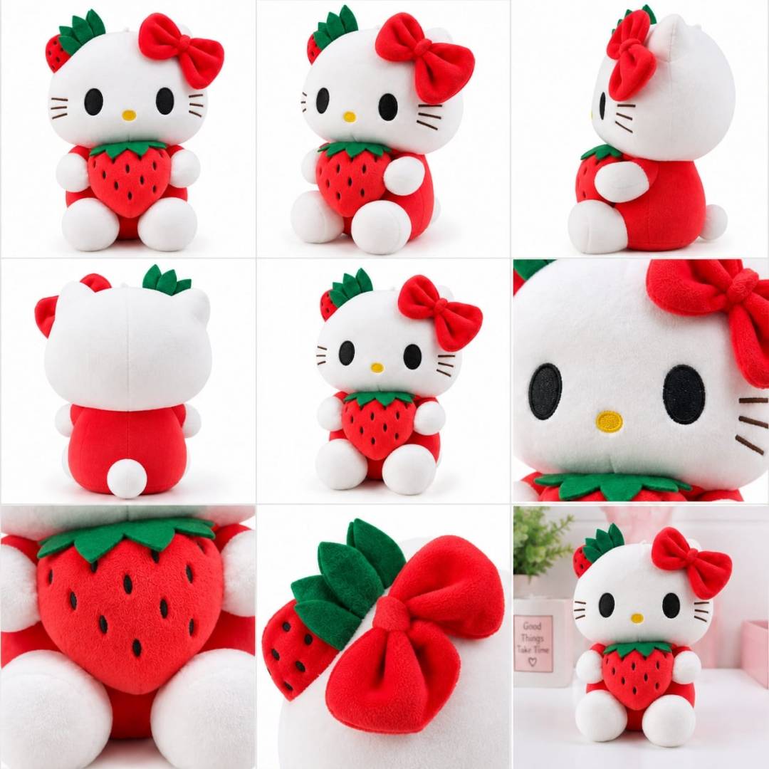 Jucărie de pluș Hello Kitty cu căpșunică, model drăgălaș pentru copii, rosu/alb, 50 cm