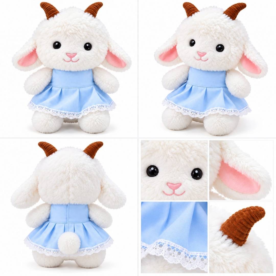 Jucărie de pluș pentru copii, Căpriță/Oiță cu rochiță albastru deschis, 32 cm