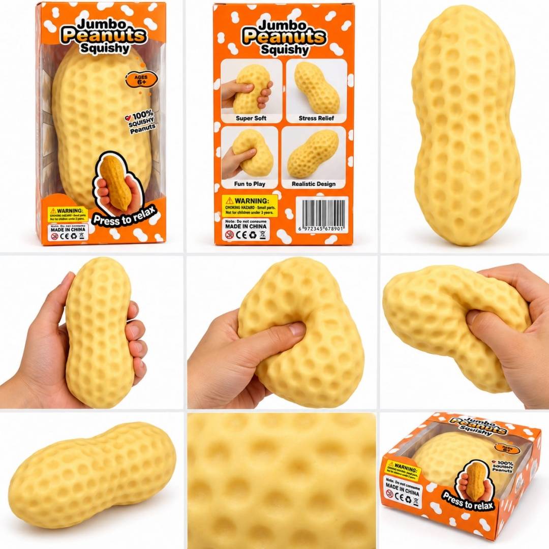 Jucărie Squishy Crunchy, Arahida, XXL, antistres, 1 buc, bej, 16 cm