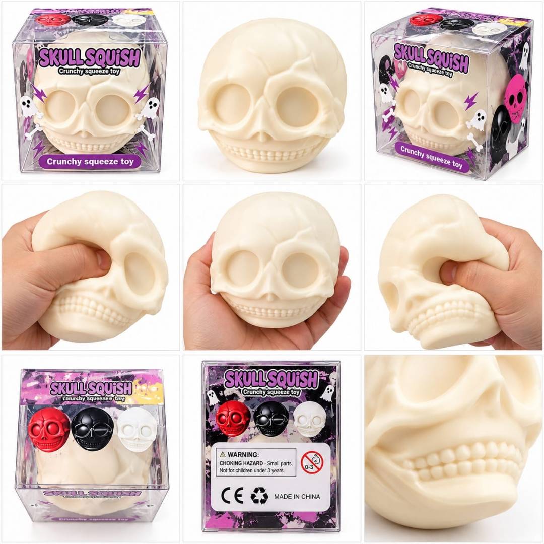 Jucărie Squishy Crunchy, Craniu, model antistres, moale și deformabilă, alb, 4+ ani