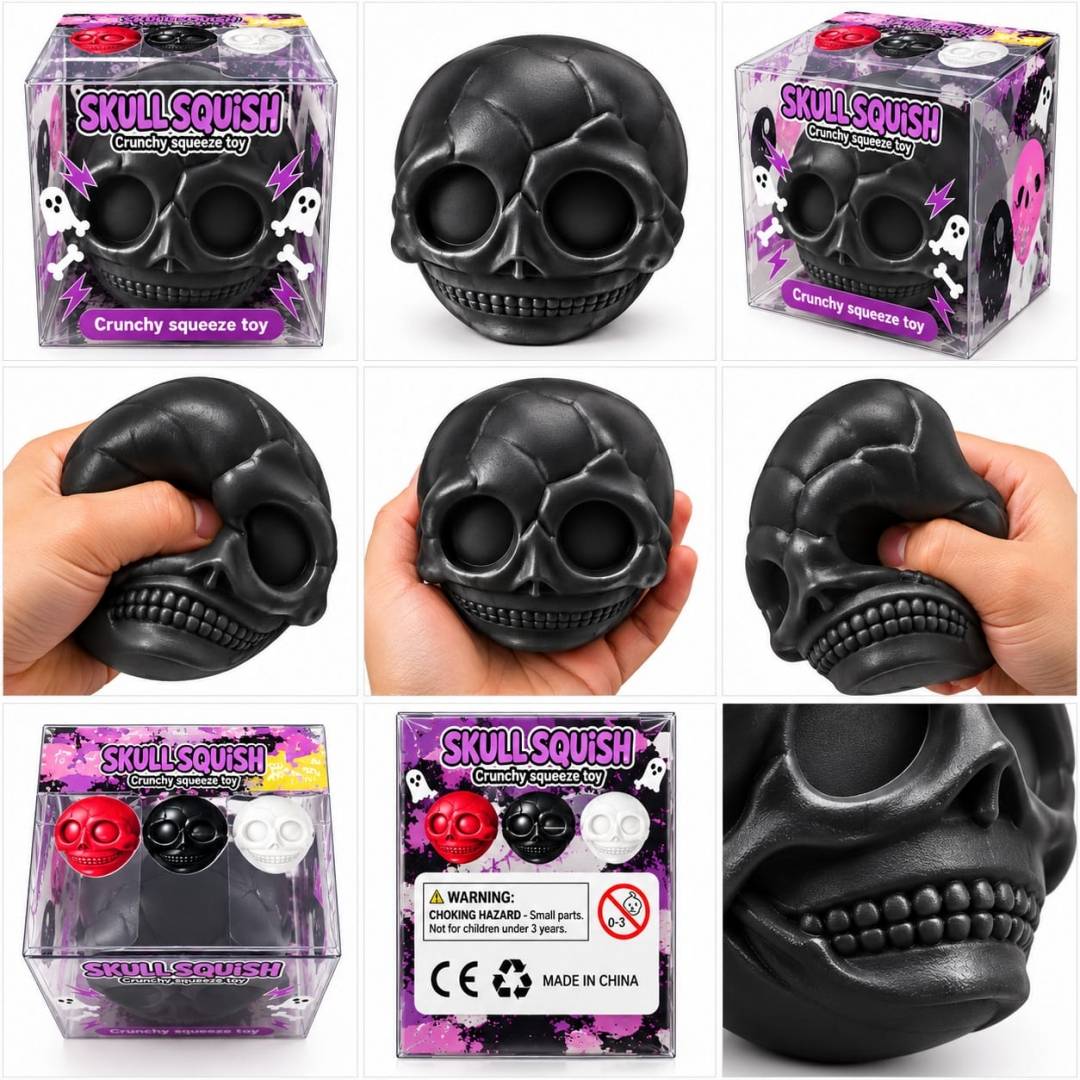 Jucărie Squishy Crunchy, Craniu, model antistres, moale și deformabilă, negru, 4+ ani