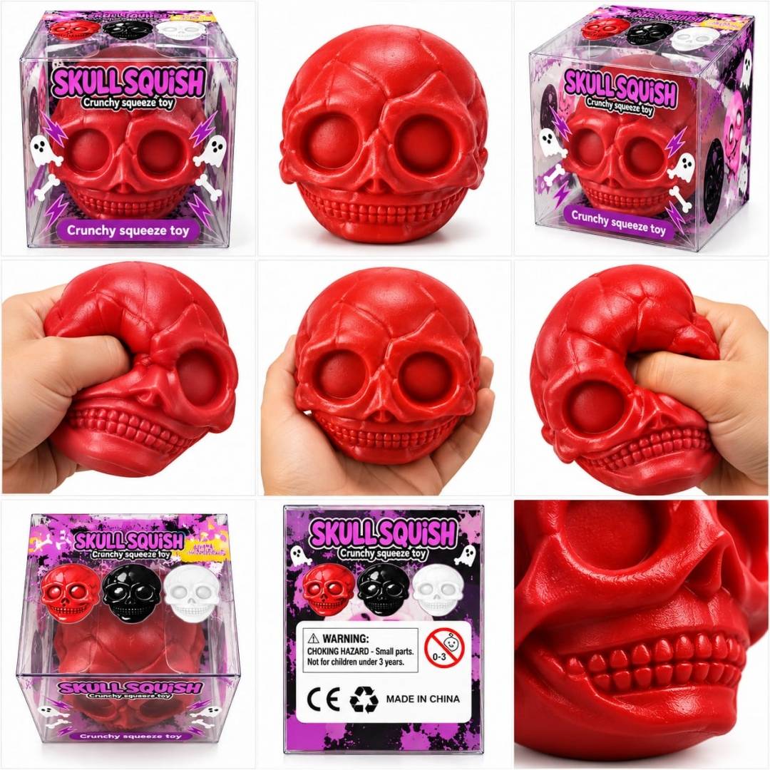 Jucărie Squishy Crunchy, Craniu, model antistres, moale și deformabilă, rosu, 4+ ani