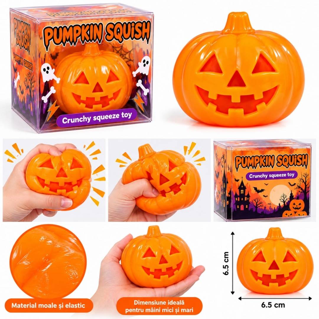 Jucărie Squishy Crunchy Dovleac Halloween pentru copii, antistres, moale și elastică, 6,5 x 6,5 cm, portocaliu