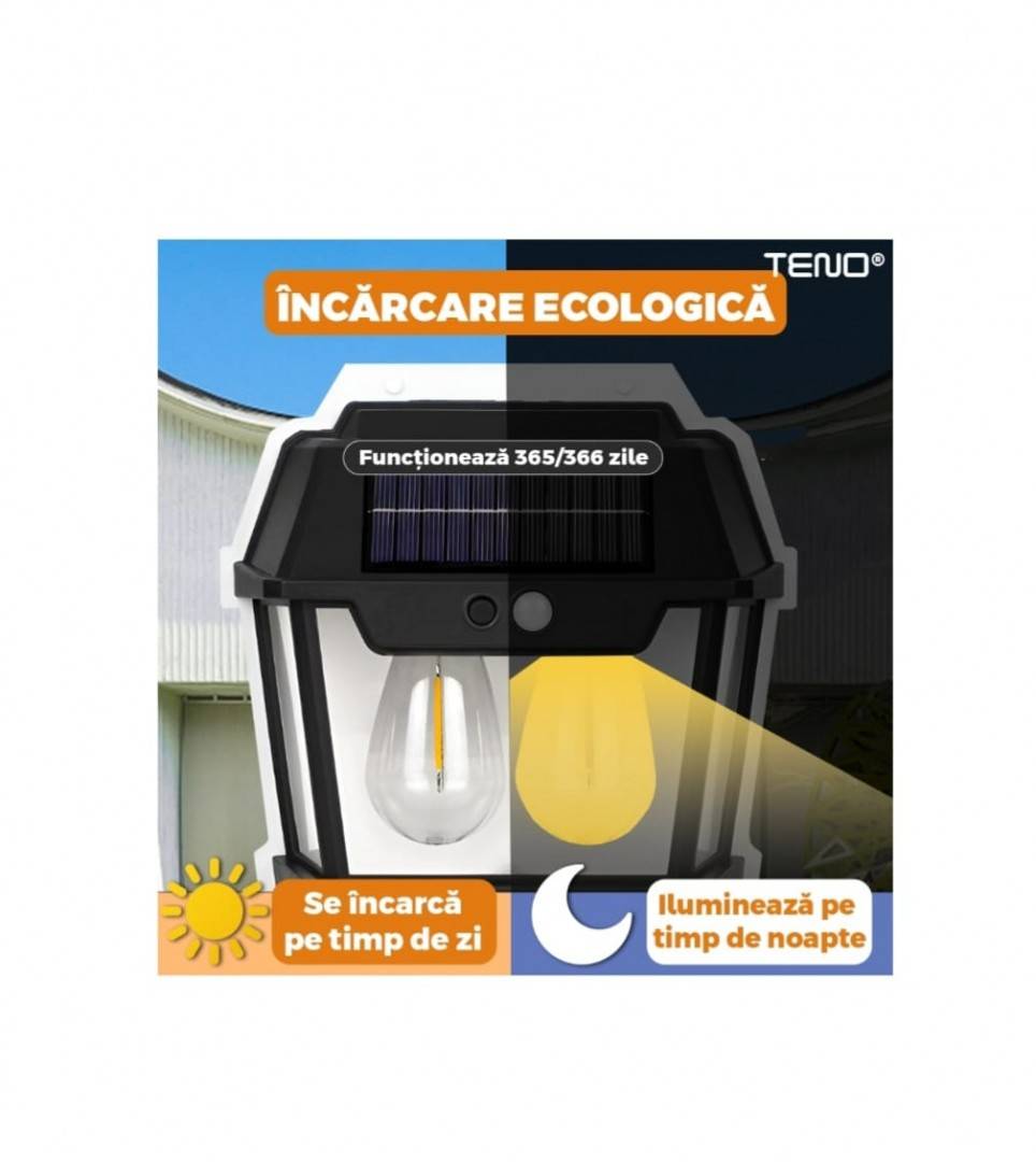 Lampa Solara de Perete LED, Felinar Dublu Teno1273, senzor miscare 5-8 metri, fara fir, 3 moduri iluminare, protectie IP65, Waterproof, exterior, negr