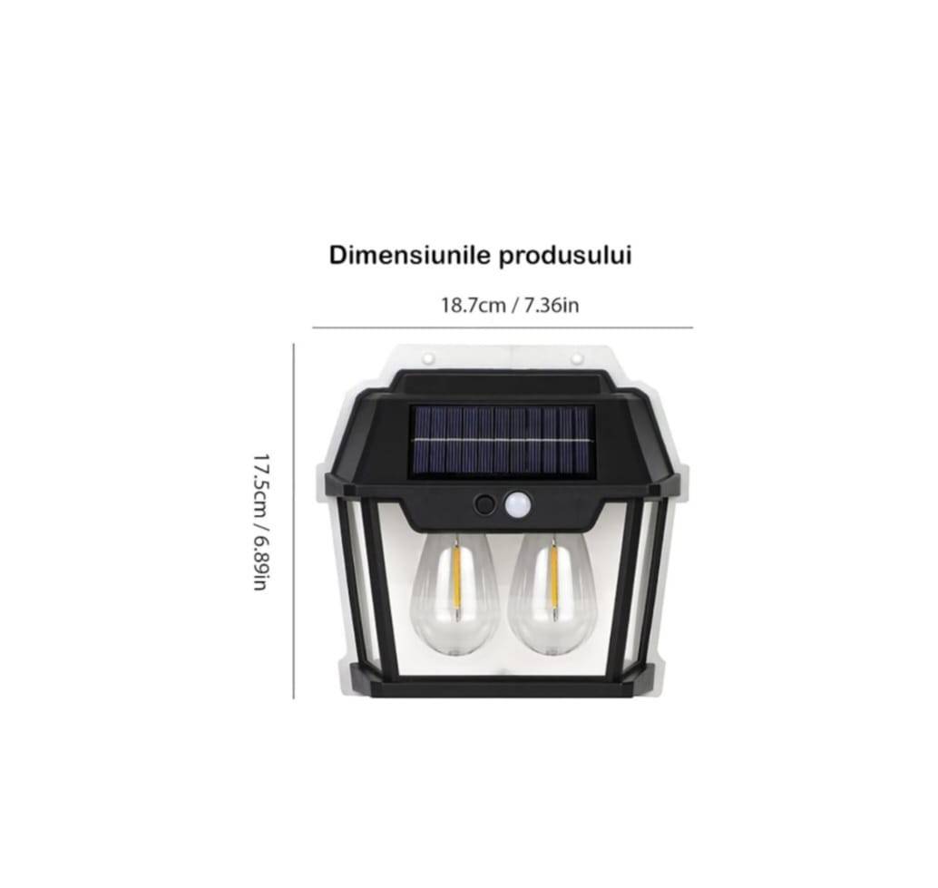 Lampa Solara de Perete LED, Felinar Dublu Teno1273, senzor miscare 5-8 metri, fara fir, 3 moduri iluminare, protectie IP65, Waterproof, exterior, negr