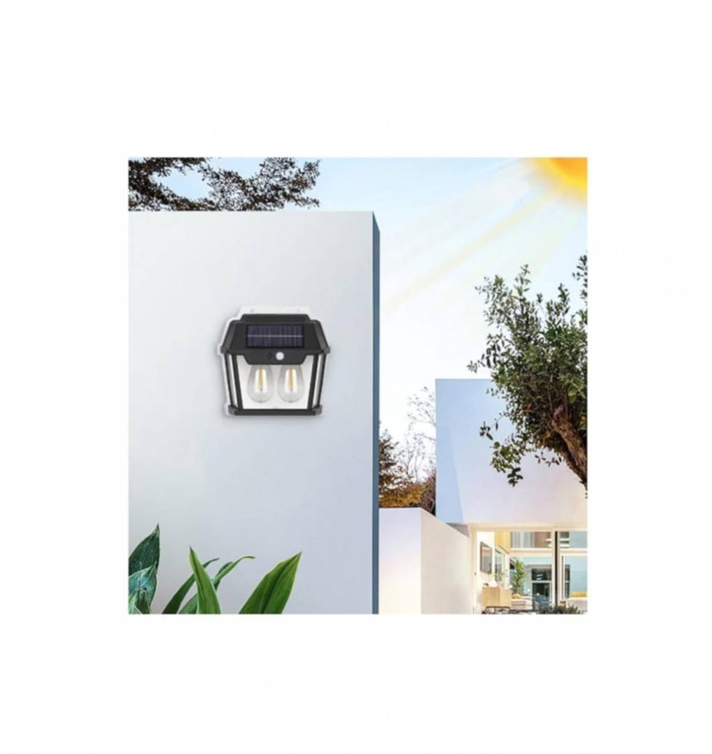 Lampa Solara de Perete LED, Felinar Dublu Teno1273, senzor miscare 5-8 metri, fara fir, 3 moduri iluminare, protectie IP65, Waterproof, exterior, negr