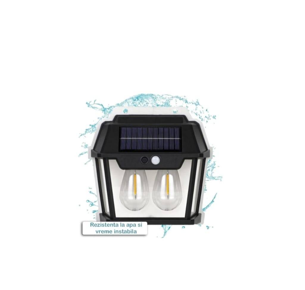 Lampa Solara de Perete LED, Felinar Dublu Teno1273, senzor miscare 5-8 metri, fara fir, 3 moduri iluminare, protectie IP65, Waterproof, exterior, negr