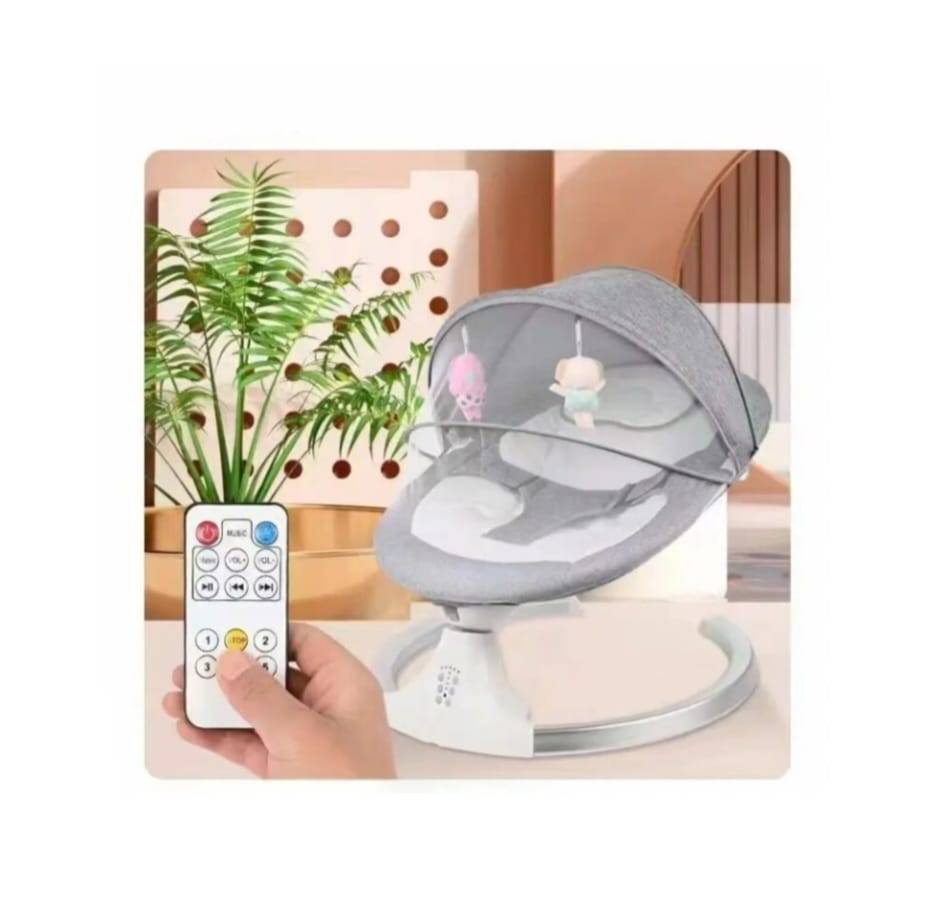 Leagăn electric inteligent pentru bebeluși, 3 in 1, muzica, telecomanda, cronometru, 5 viteze, husa lavabila, arc jucarii, 6 luni+