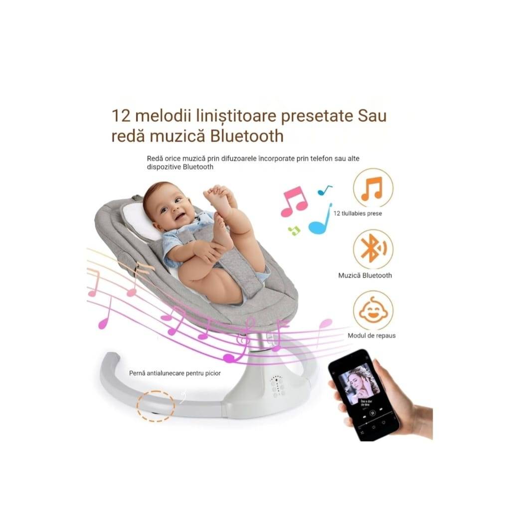 Leagăn electric inteligent pentru bebeluși, 3 in 1, muzica, telecomanda, cronometru, 5 viteze, husa lavabila, arc jucarii, 6 luni+