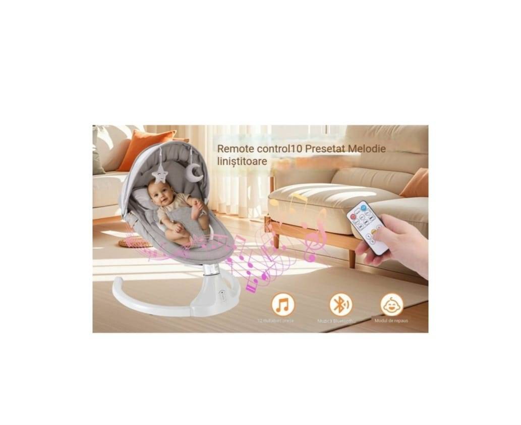 Leagăn electric inteligent pentru bebeluși, 3 in 1, muzica, telecomanda, cronometru, 5 viteze, husa lavabila, arc jucarii, 6 luni+
