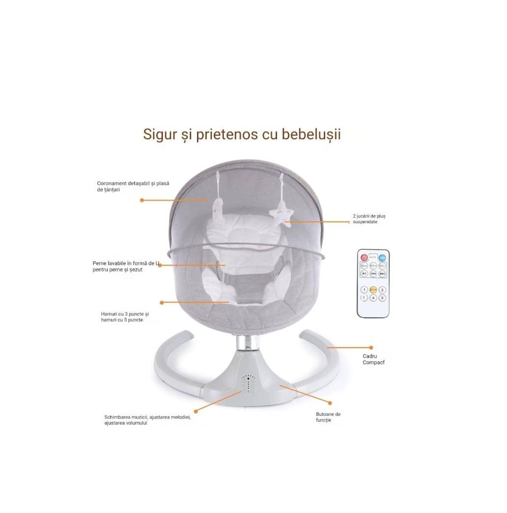 Leagăn electric inteligent pentru bebeluși, 3 in 1, muzica, telecomanda, cronometru, 5 viteze, husa lavabila, arc jucarii, 6 luni+