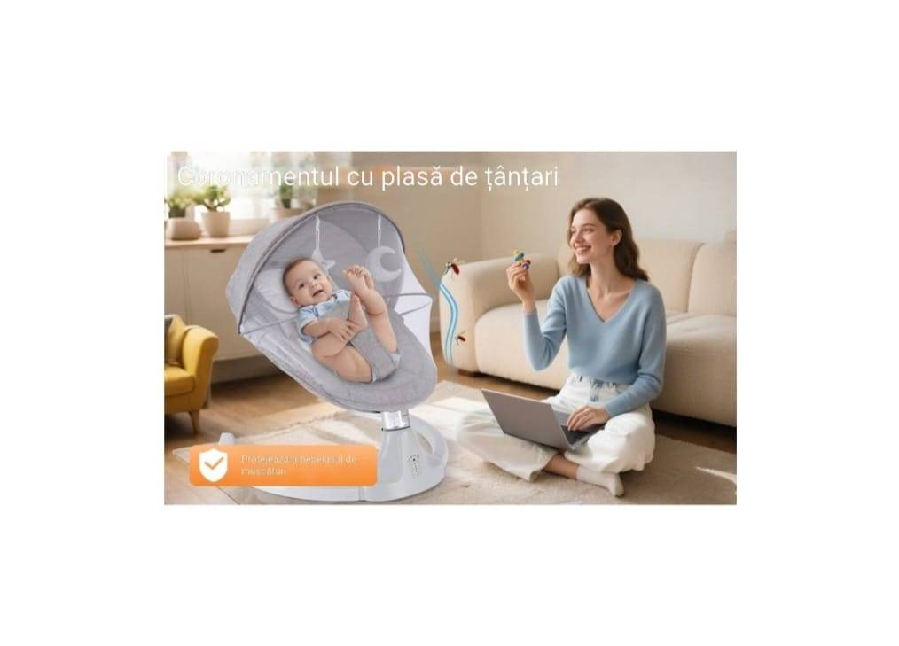 Leagăn electric inteligent pentru bebeluși, 3 in 1, muzica, telecomanda, cronometru, 5 viteze, husa lavabila, arc jucarii, 6 luni+