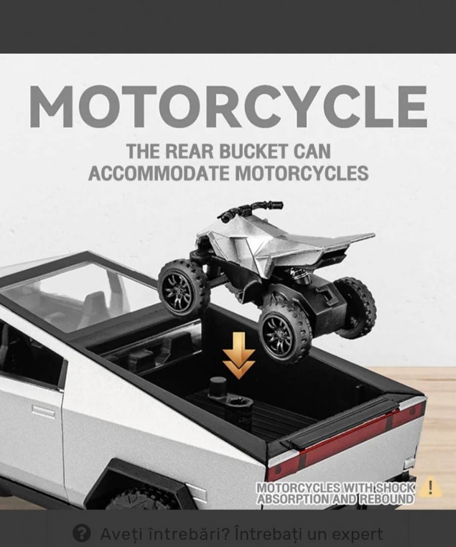 Macheta metal mecanica, model Tesla Cybertruck, ATV inclus, sunete, usi mobile, capota mobila, portbagaj mobil, gri deschis, 22 cm
