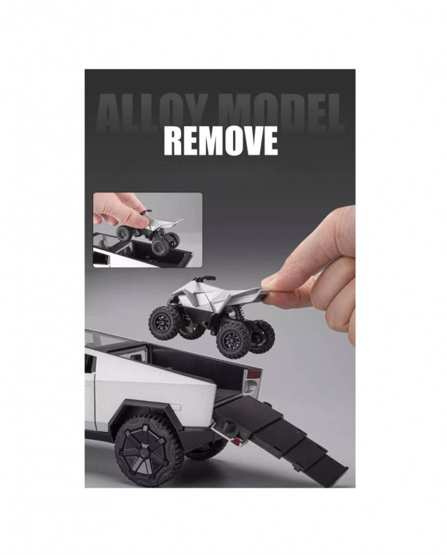 Macheta metal mecanica, model Tesla Cybertruck, ATV inclus, sunete, usi mobile, capota mobila, portbagaj mobil, gri deschis, 22 cm