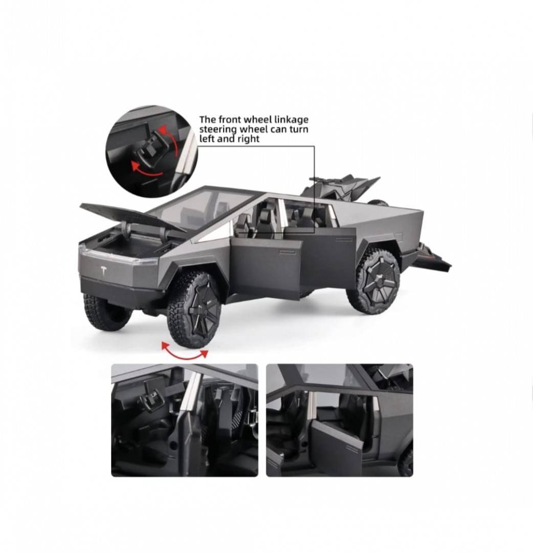 Macheta metal mecanica, model Tesla Cybertruck, ATV inclus, sunete, usi mobile, capota mobila, portbagaj mobil, gri inchis, 22 cm