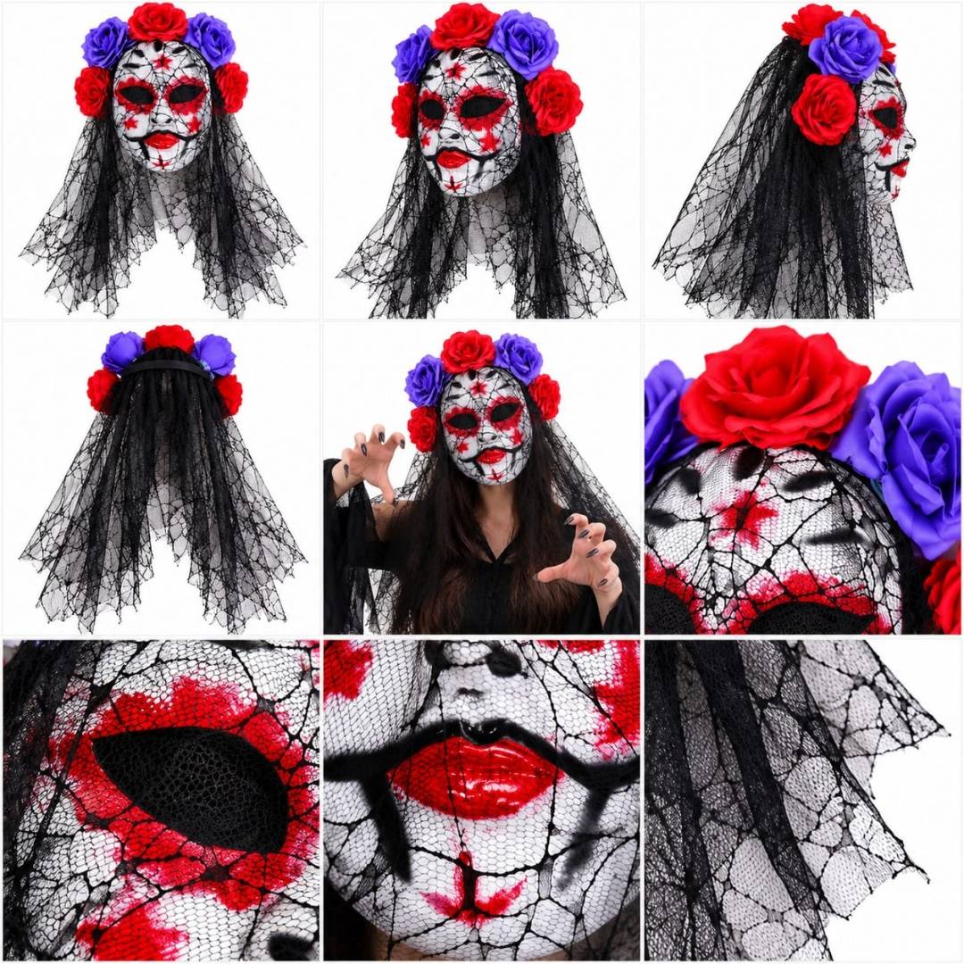 Mască Halloween pentru copii, model Mireasă înfricoșătoare cu flori și voal, multicolor, 6+ ani