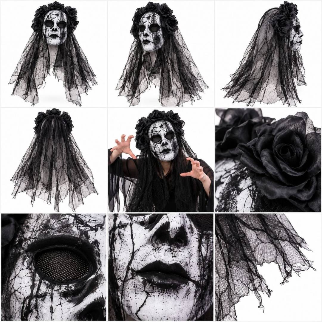 Mască Halloween pentru copii, model Mireasă înfricoșătoare cu flori și voal, negru/alb, 6+ ani