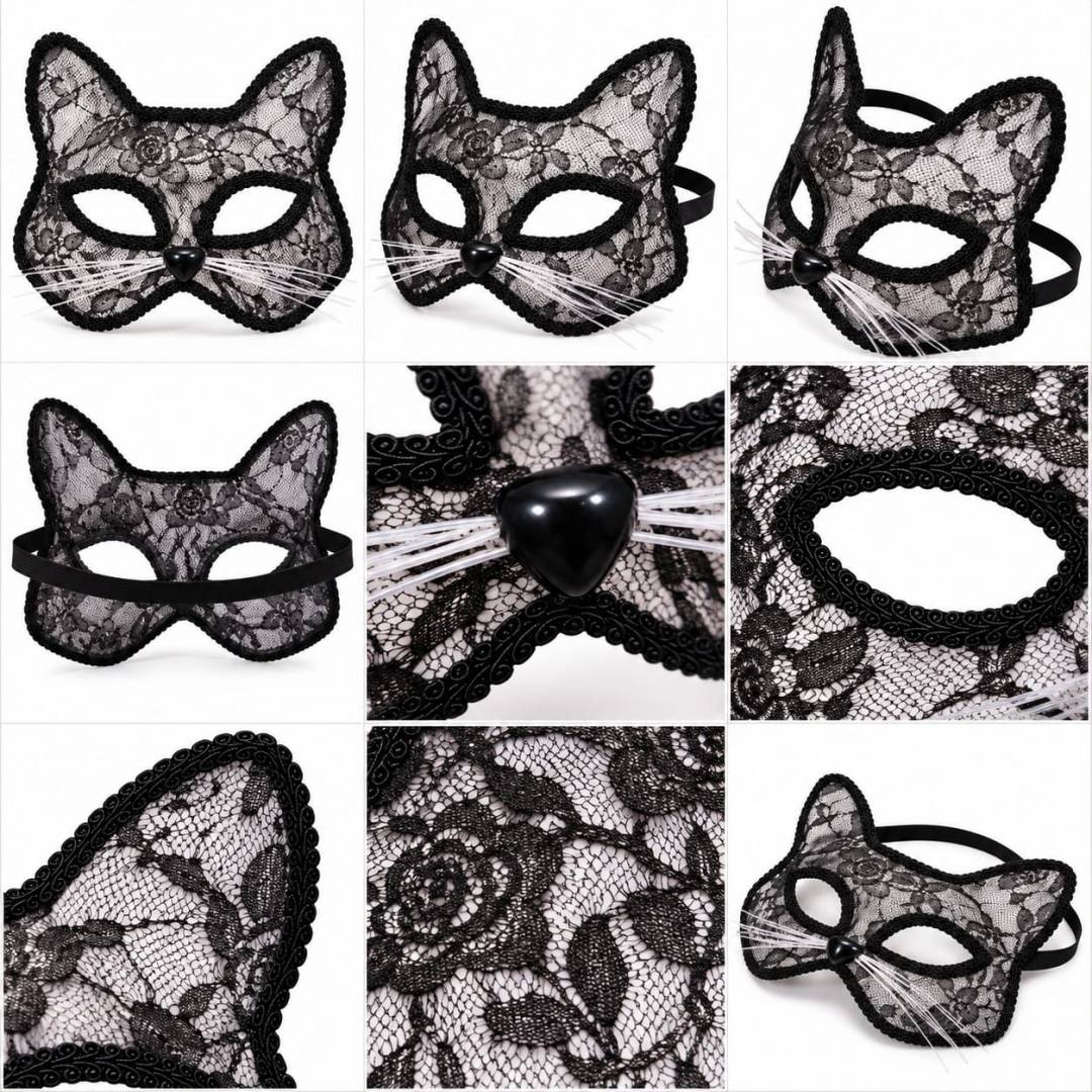 Mască Pisicuță din Dantelă pentru copii, accesoriu Halloween, carnaval și petreceri, 6+ ani, negru