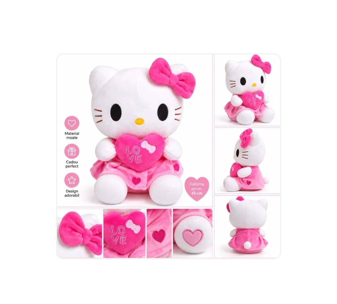 Mascota de plus, Hello Kitty cu inimioara, MASHASHOP, roz/alb, 28 cm