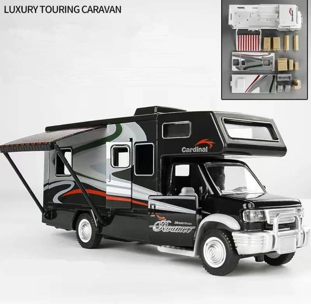 Masina mecanica, Autorulota, camper de vacanta, mobilier, sunete, lumini, mobilier, usi functionale, negru, 20 cm