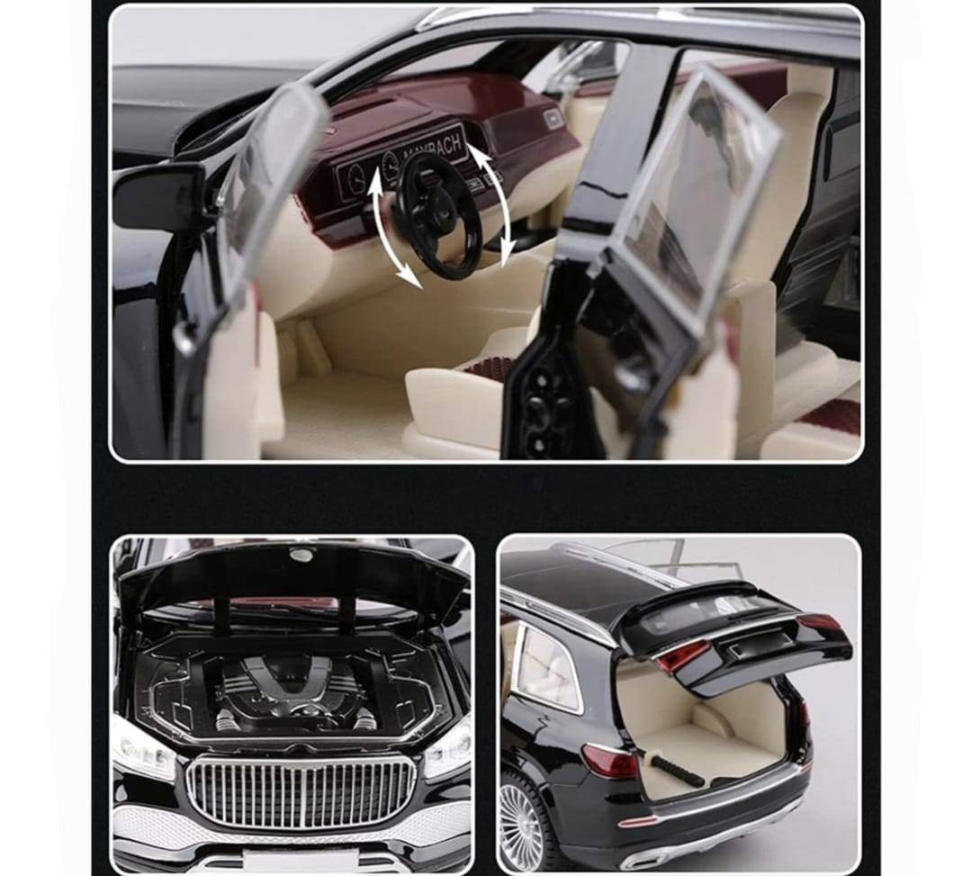 Masina metal mecanica, model Mercedes Maybach GLS 600, scara 1:24, sunete, usi mobile, capota mobila, portbagaj mobil, negru, 20 cm