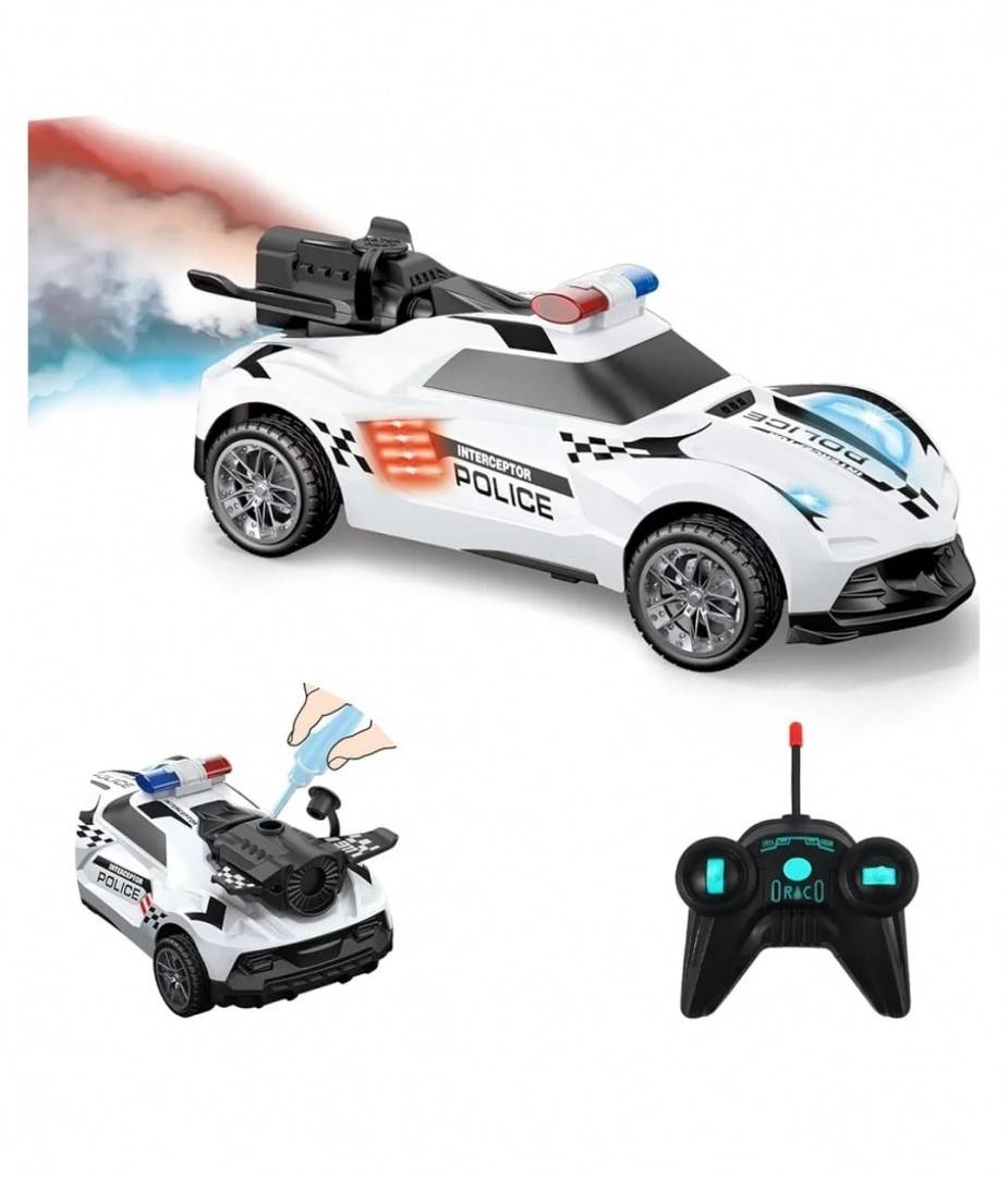  Masinuta cu telecomanda, Politie, scoate fum, scara 1:18, lumineaza farurile, stanga, dreapta, alb, 18 cm