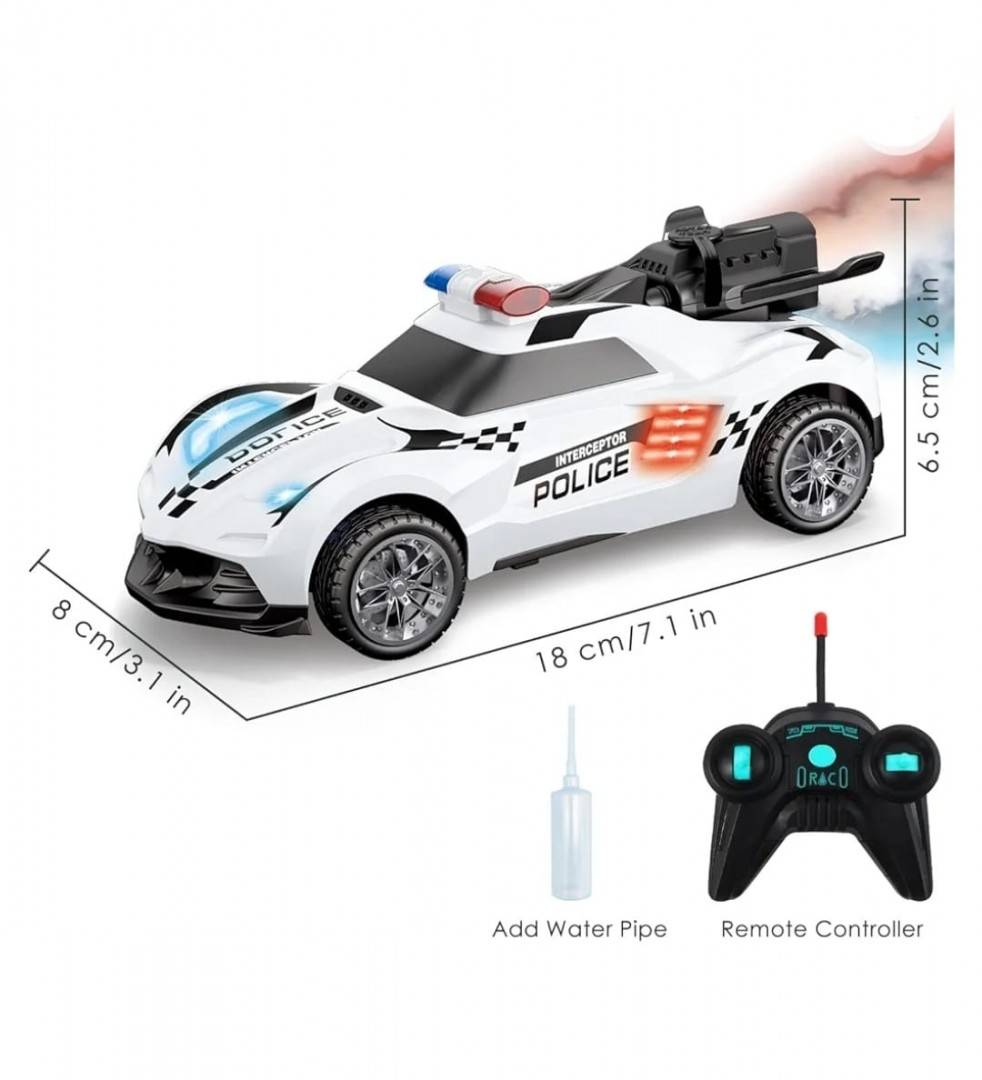  Masinuta cu telecomanda, Politie, scoate fum, scara 1:18, lumineaza farurile, stanga, dreapta, alb, 18 cm