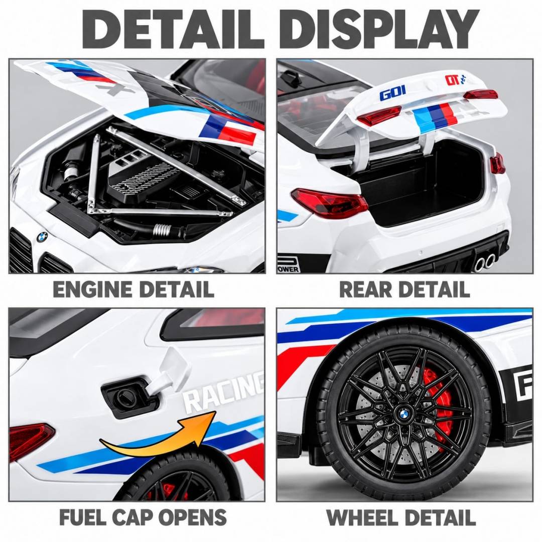 Masinuta metal mecanica, BMW M4 GT3, 1:24, volan sunet, usi mobile, capota mobila, portbagaj mobil, alb, 20 cm