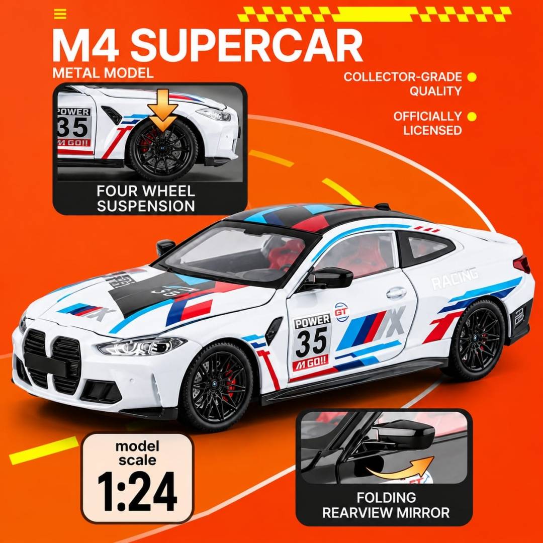 Masinuta metal mecanica, BMW M4 GT3, 1:24, volan sunet, usi mobile, capota mobila, portbagaj mobil, alb, 20 cm