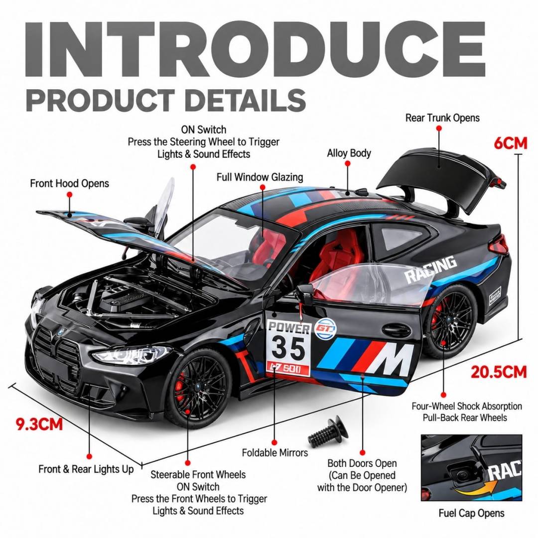 Masinuta metal mecanica, BMW M4 GT3, 1:24, volan sunet, usi mobile, capota mobila, portbagaj mobil, negru, 20 cm