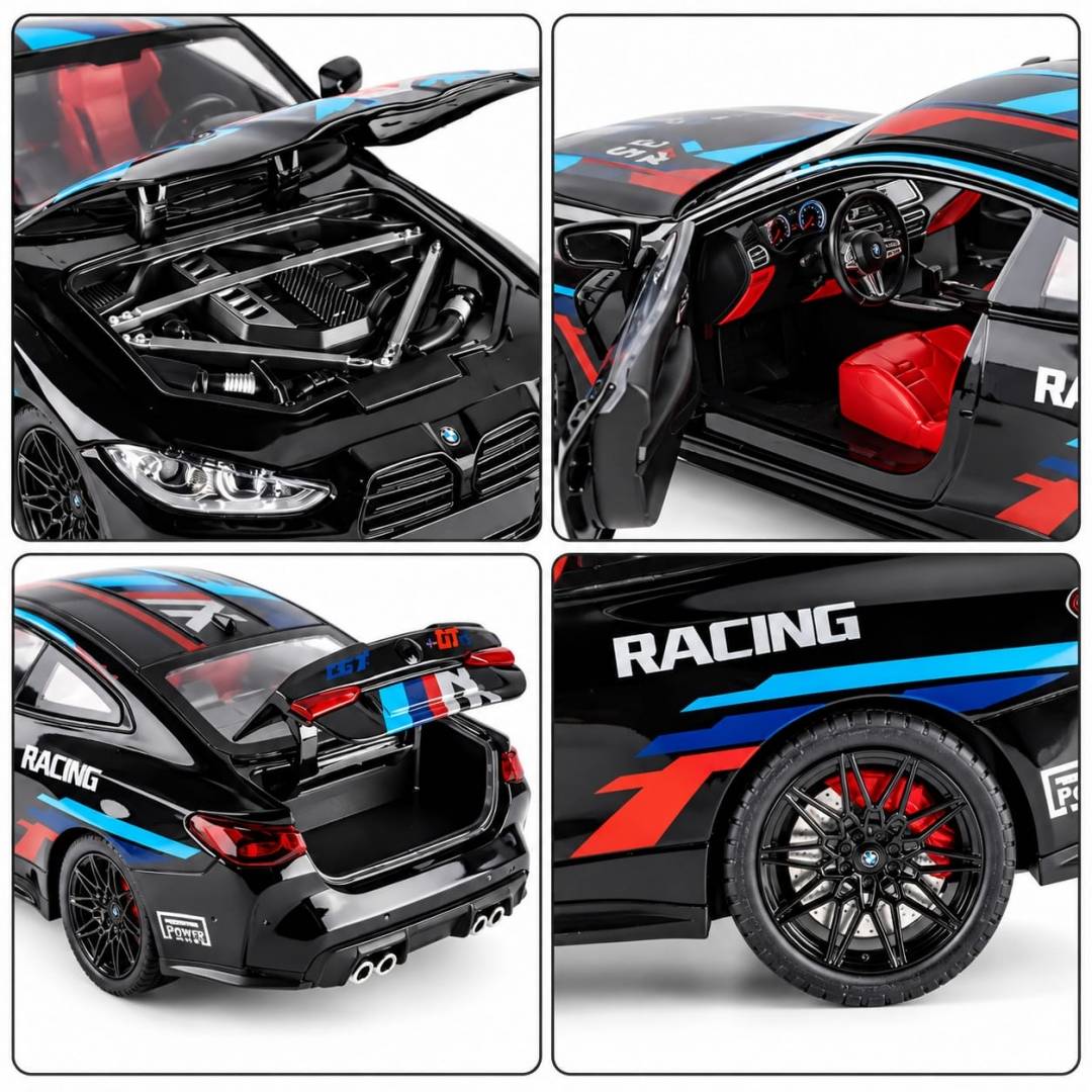 Masinuta metal mecanica, BMW M4 GT3, 1:24, volan sunet, usi mobile, capota mobila, portbagaj mobil, negru, 20 cm