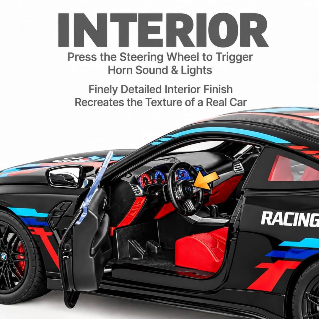 Masinuta metal mecanica, BMW M4 GT3, 1:24, volan sunet, usi mobile, capota mobila, portbagaj mobil, negru, 20 cm