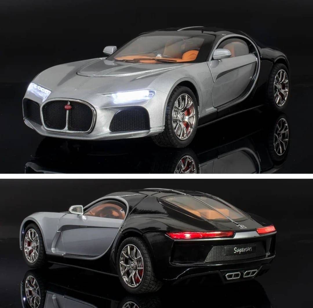 Masinuta metal mecanica, model Bugatti Atlantic Sports, scara 1:24, sunete, usi mobile, capota mobila, portbagaj mobil, gri, 22 cm