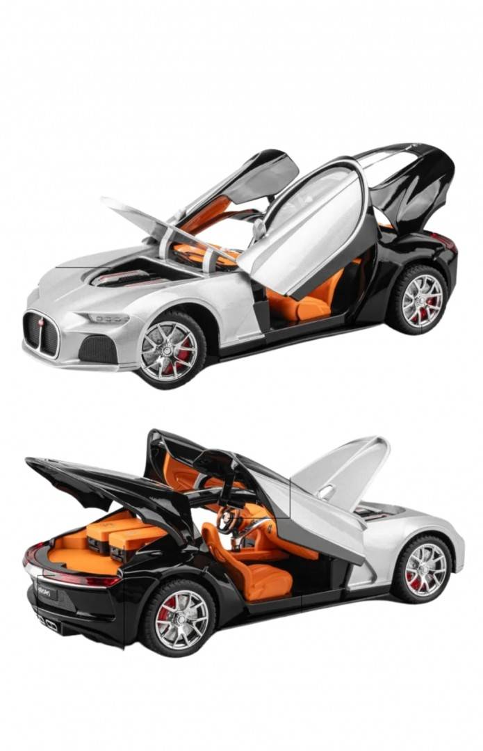 Masinuta metal mecanica, model Bugatti Atlantic Sports, scara 1:24, sunete, usi mobile, capota mobila, portbagaj mobil, gri, 22 cm