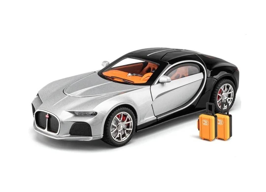 Masinuta metal mecanica, model Bugatti Atlantic Sports, scara 1:24, sunete, usi mobile, capota mobila, portbagaj mobil, gri, 22 cm