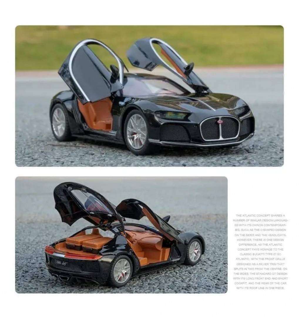 Masinuta metal mecanica, model Bugatti Atlantic Sports, scara 1:24, sunete, usi mobile, capota mobila, portbagaj mobil, negru, 22 cm