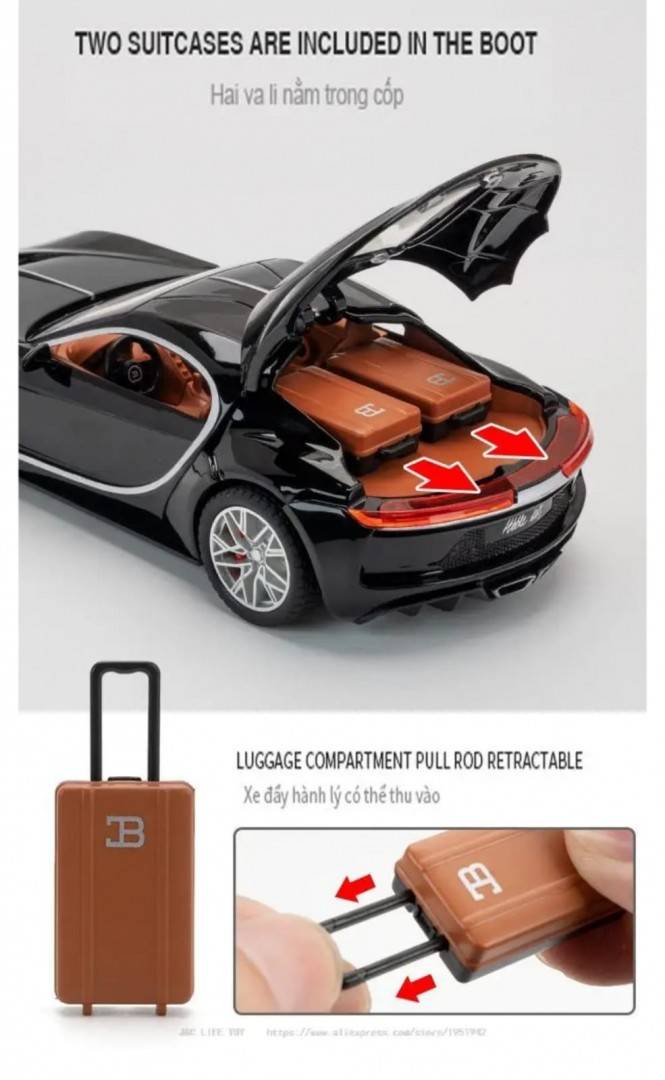 Masinuta metal mecanica, model Bugatti Atlantic Sports, scara 1:24, sunete, usi mobile, capota mobila, portbagaj mobil, negru, 22 cm