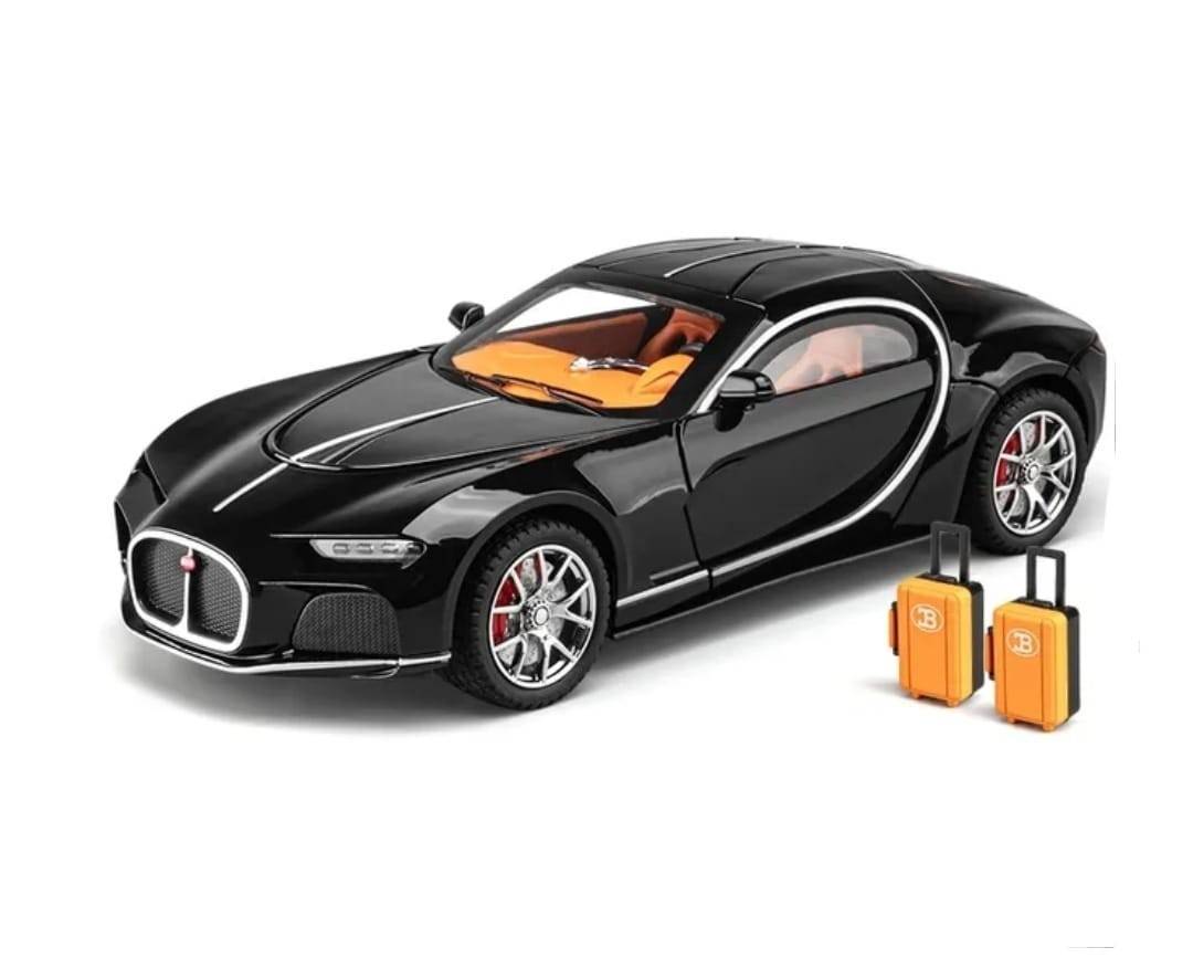 Masinuta metal mecanica, model Bugatti Atlantic Sports, scara 1:24, sunete, usi mobile, capota mobila, portbagaj mobil, negru, 22 cm