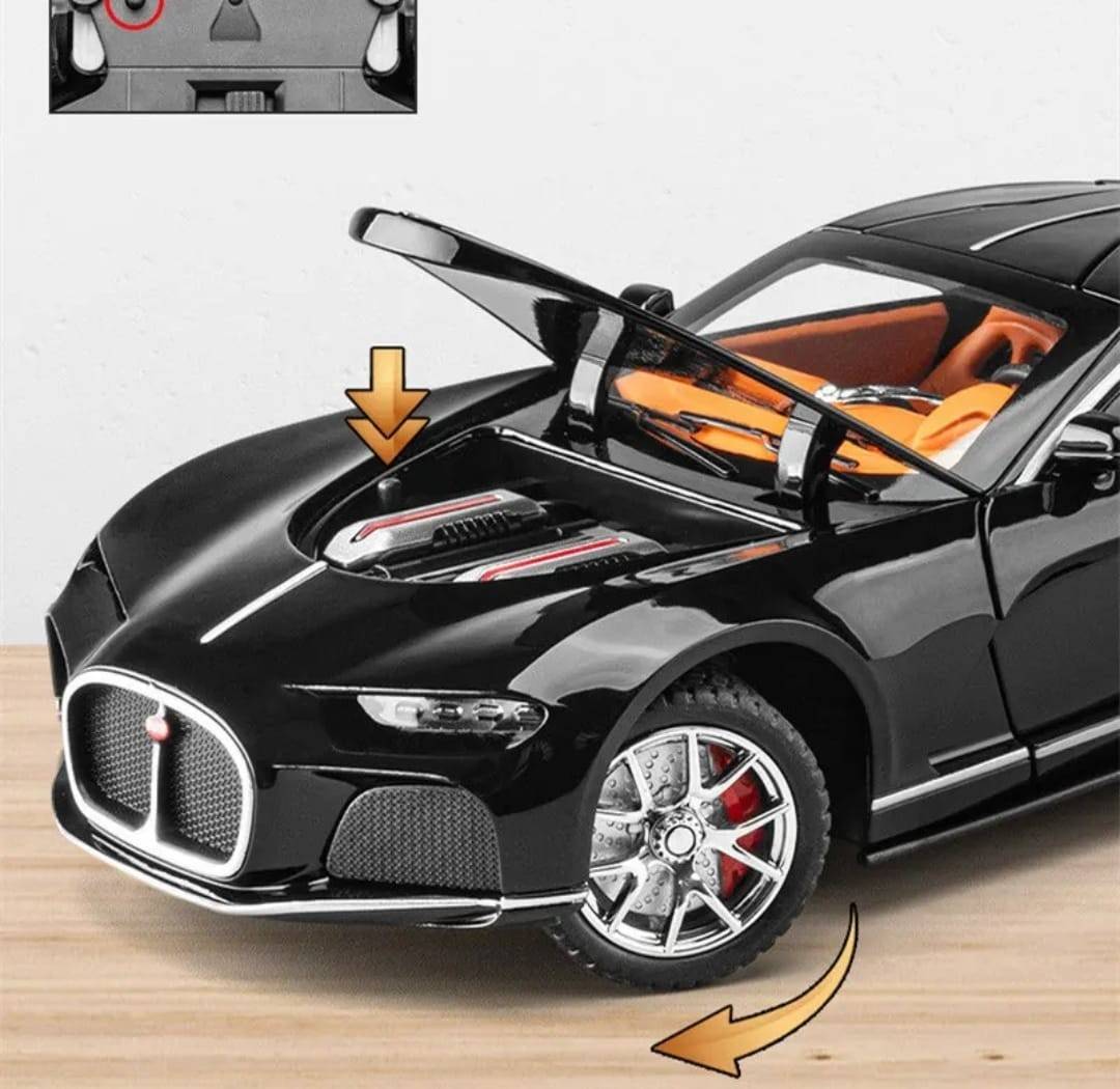 Masinuta metal mecanica, model Bugatti Atlantic Sports, scara 1:24, sunete, usi mobile, capota mobila, portbagaj mobil, negru, 22 cm