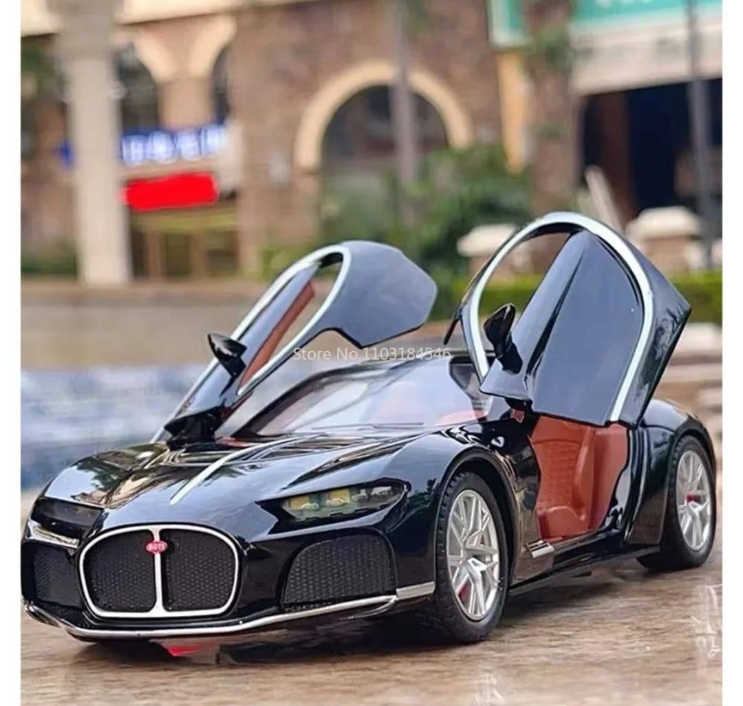 Masinuta metal mecanica, model Bugatti Atlantic Sports, scara 1:24, sunete, usi mobile, capota mobila, portbagaj mobil, negru, 22 cm