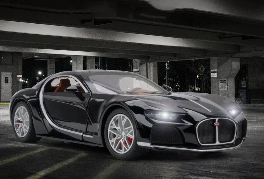 Masinuta metal mecanica, model Bugatti Atlantic Sports, scara 1:24, sunete, usi mobile, capota mobila, portbagaj mobil, negru, 22 cm