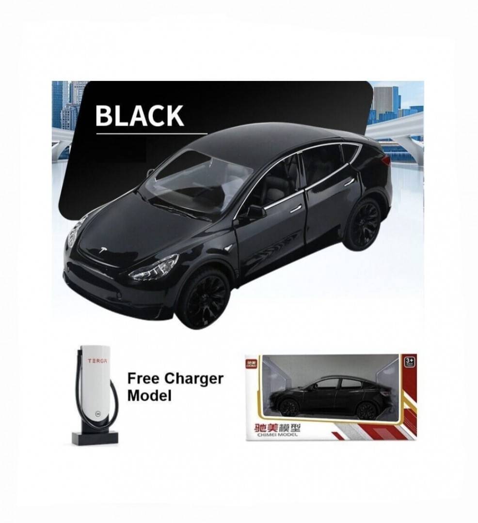 Masinuta metal mecanica, model Tesla Model Y, statie de alimentare, usi mobile, capota mobila, portbagaj mobil, negru, 19.5 cm