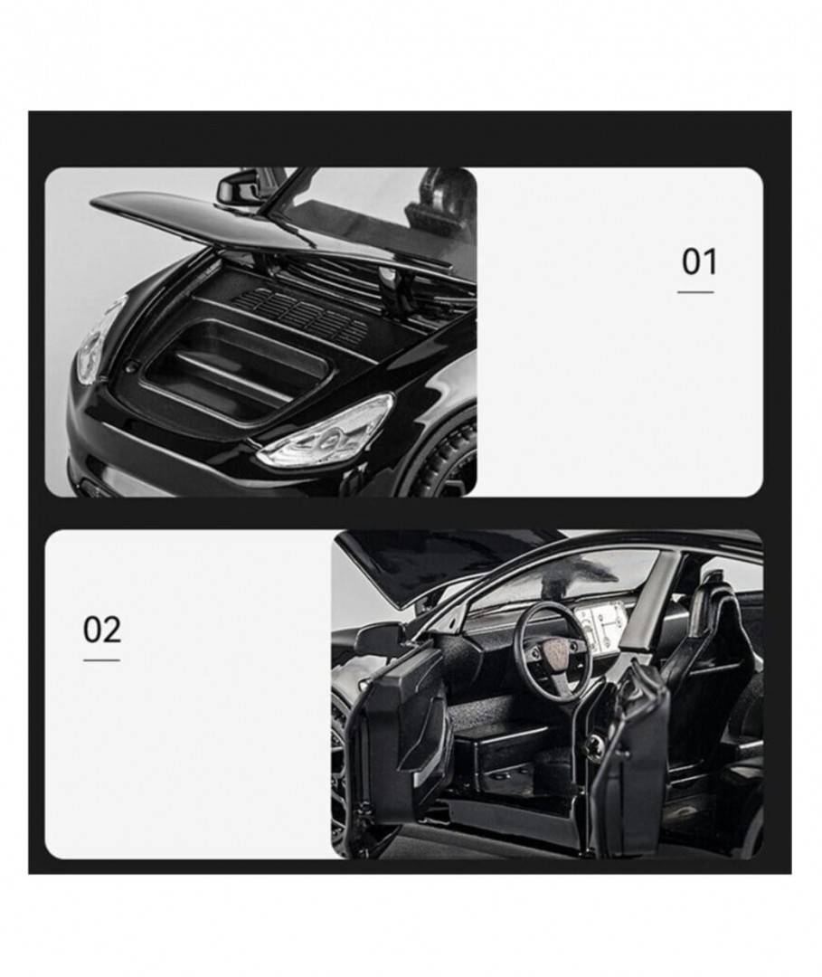 Masinuta metal mecanica, model Tesla Model Y, statie de alimentare, usi mobile, capota mobila, portbagaj mobil, negru, 19.5 cm