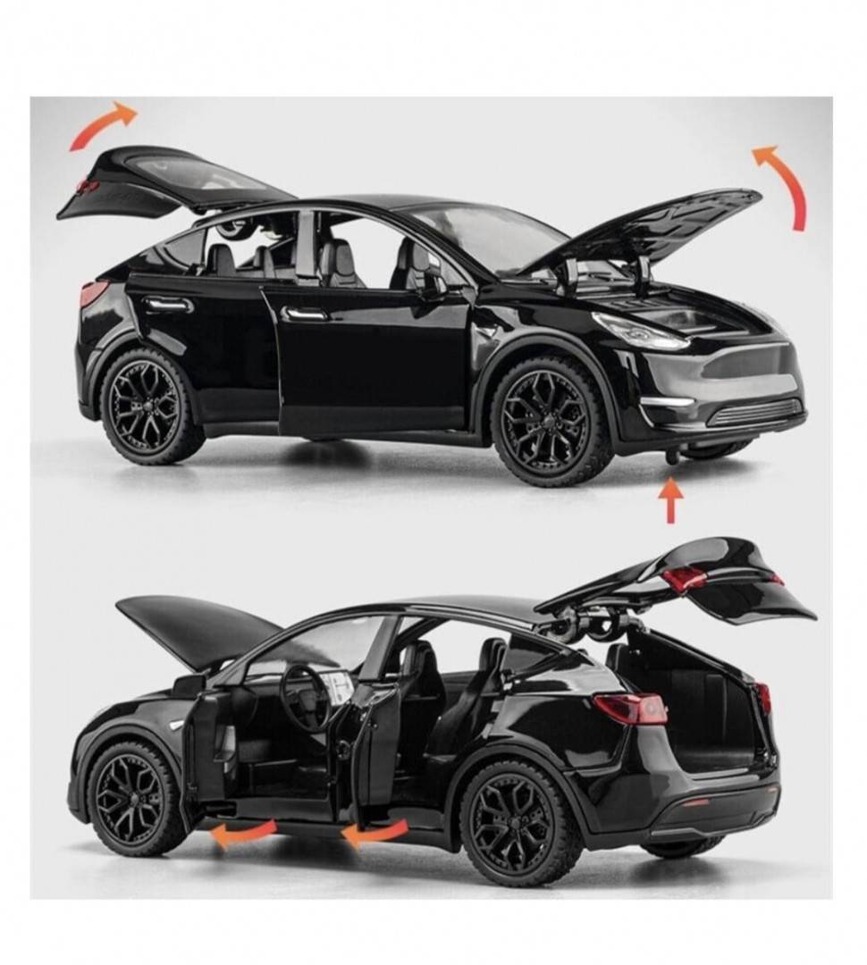 Masinuta metal mecanica, model Tesla Model Y, statie de alimentare, usi mobile, capota mobila, portbagaj mobil, negru, 19.5 cm