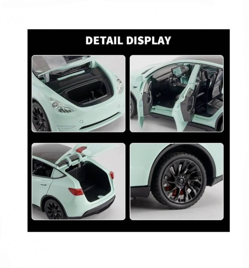 Masinuta metal mecanica, model Tesla Model Y, statie de alimentare, usi mobile, capota mobila, portbagaj mobil, verde deschis, 19.5 cm