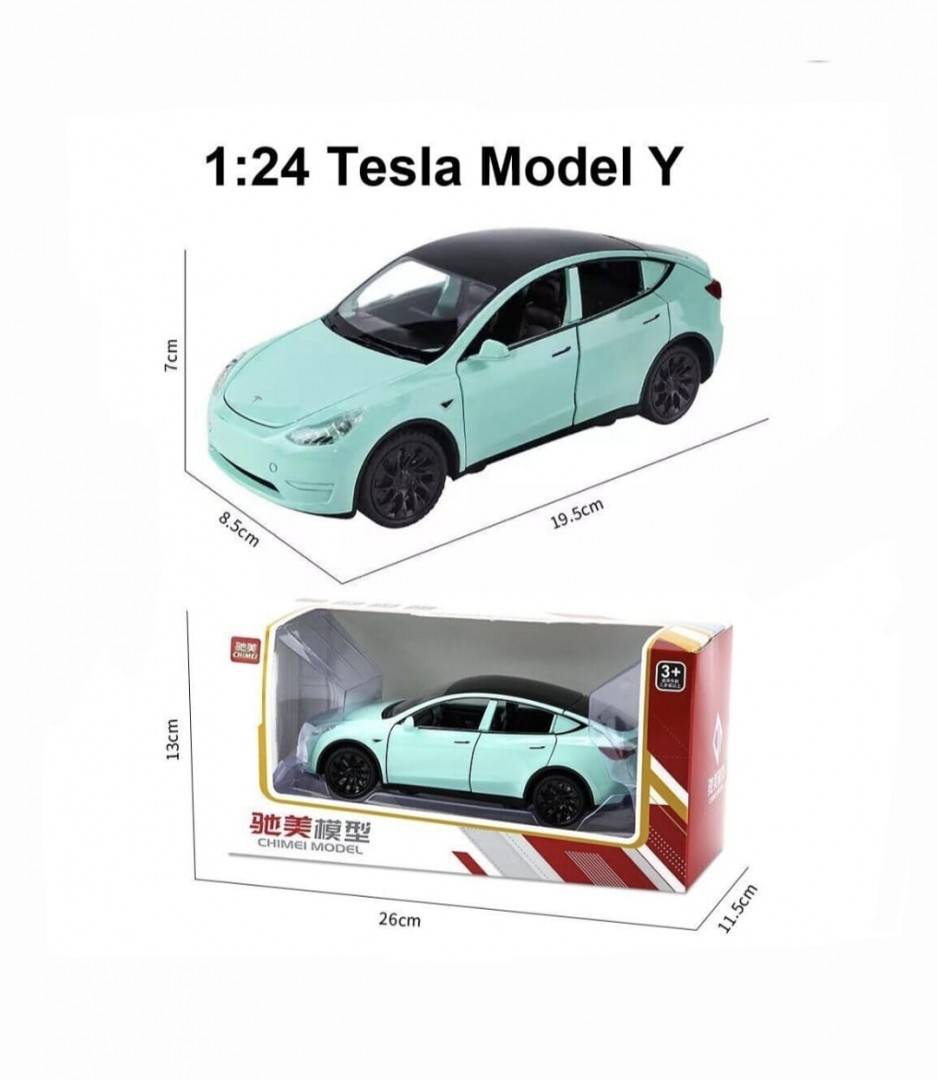 Masinuta metal mecanica, model Tesla Model Y, statie de alimentare, usi mobile, capota mobila, portbagaj mobil, verde deschis, 19.5 cm
