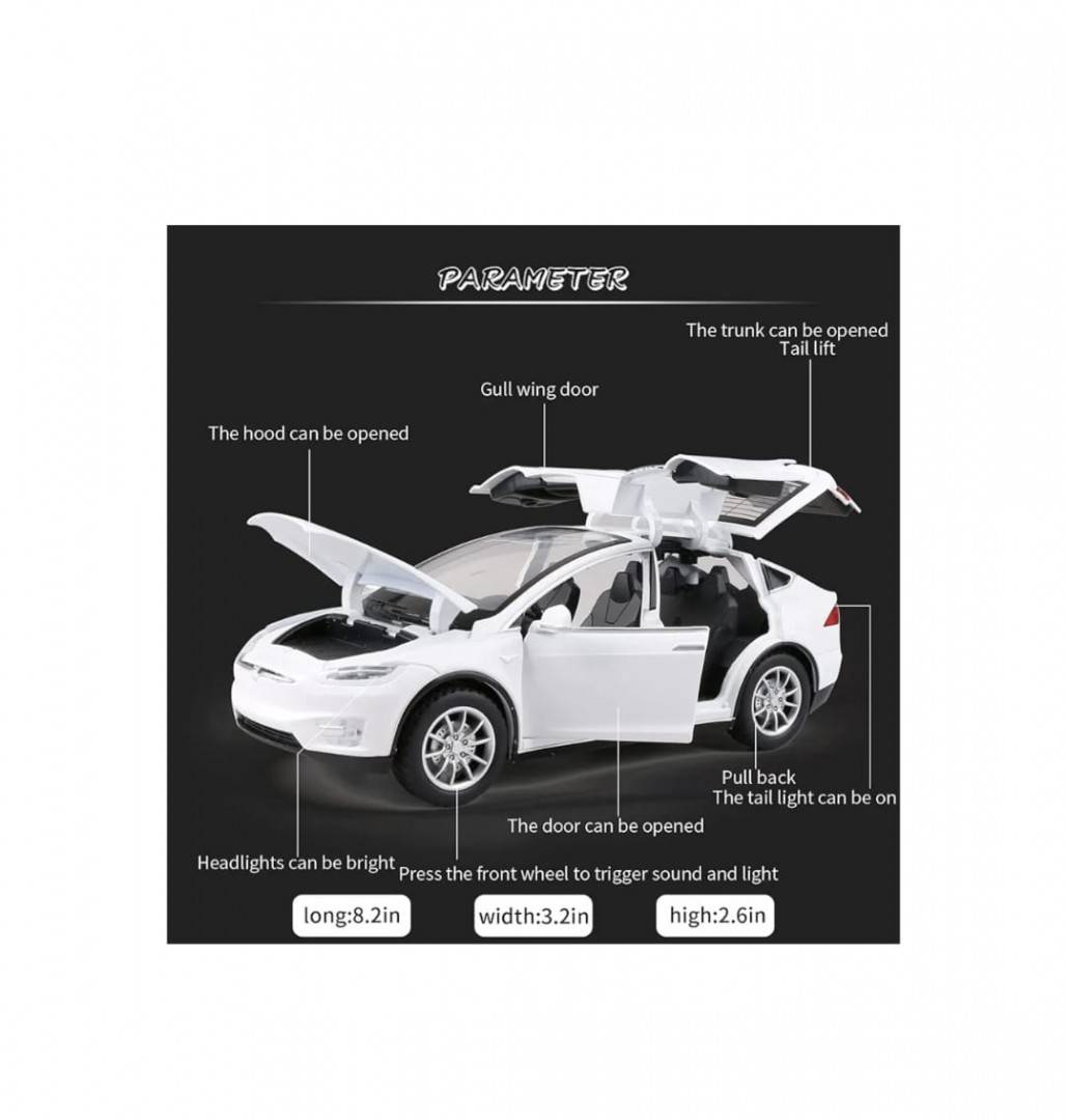 Masinuta metal mecanica, model Tesla X 90D, scara 1:22, sunete, usi mobile, capota mobila, portbagaj mobil, barlad, alb, 22 cm