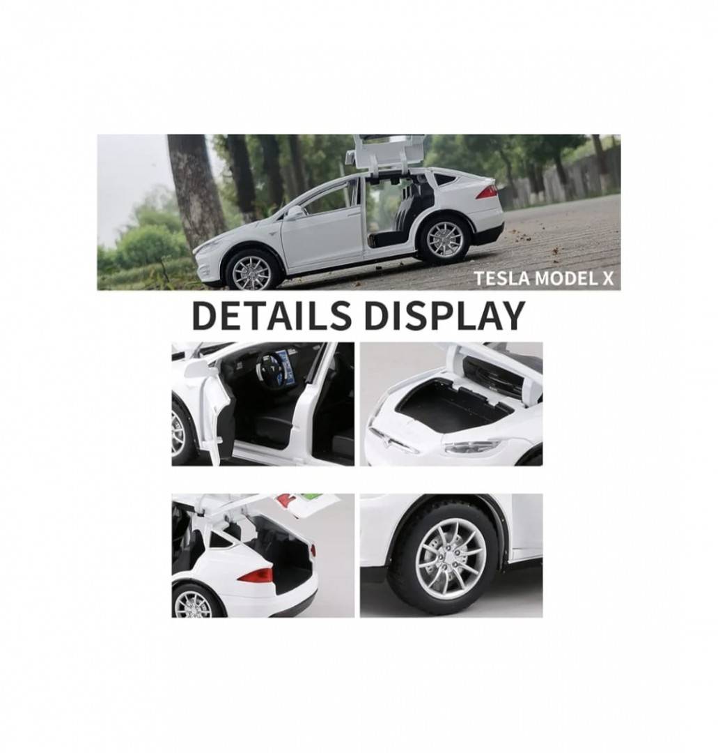 Masinuta metal mecanica, model Tesla X 90D, scara 1:22, sunete, usi mobile, capota mobila, portbagaj mobil, barlad, alb, 22 cm