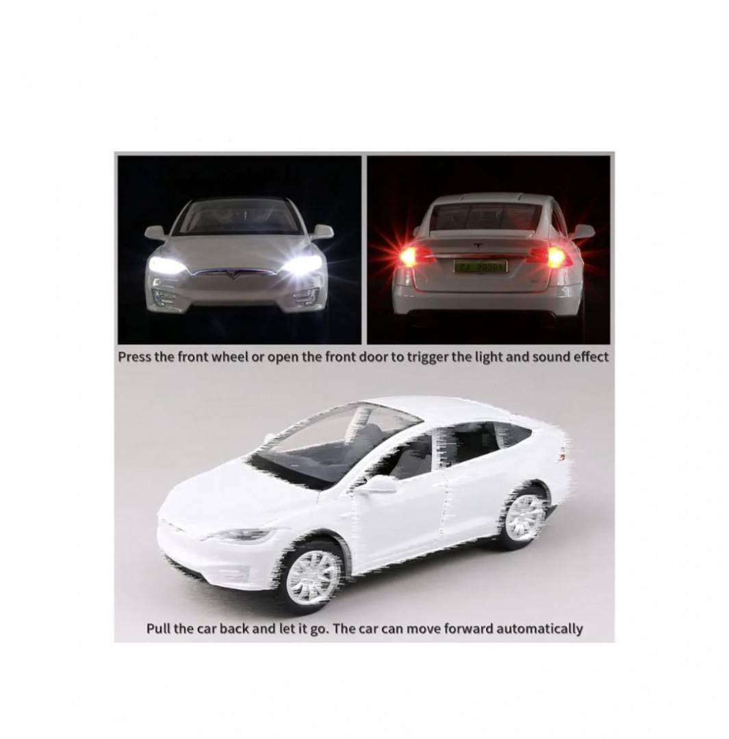 Masinuta metal mecanica, model Tesla X 90D, scara 1:22, sunete, usi mobile, capota mobila, portbagaj mobil, barlad, alb, 22 cm