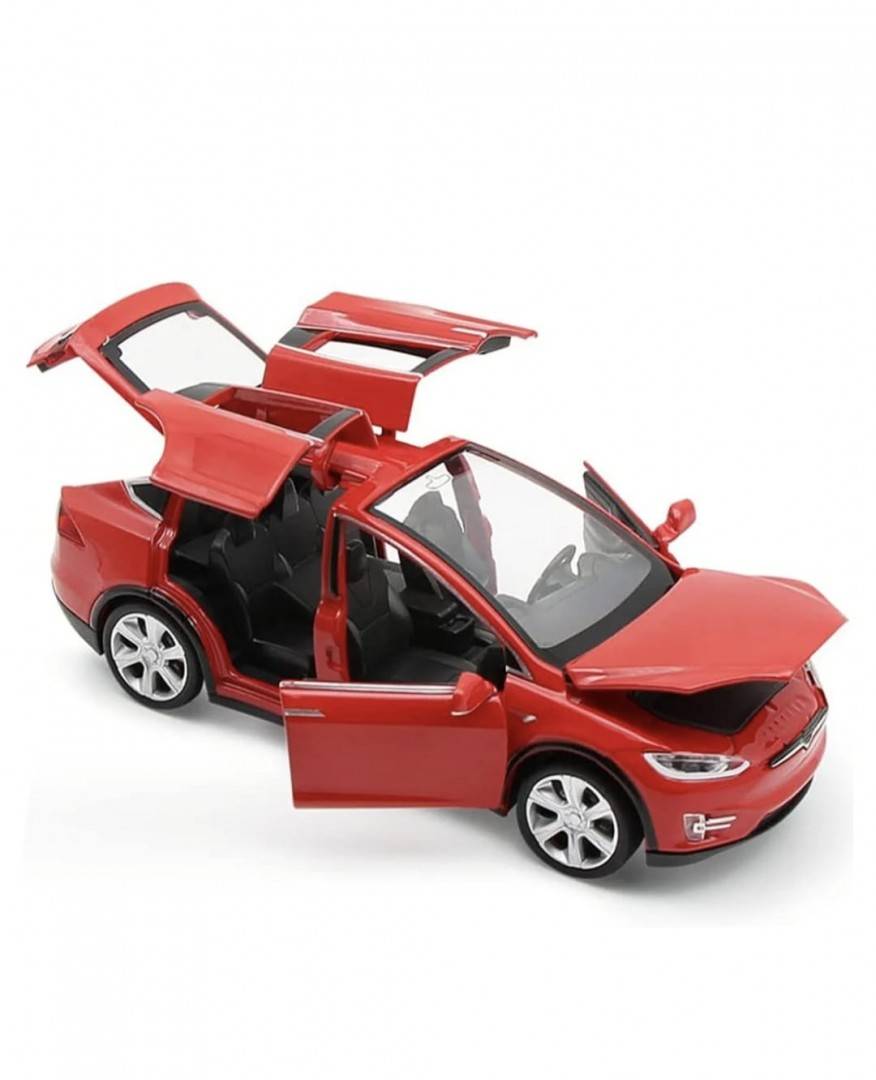 Masinuta metal mecanica, model Tesla X 90D, scara 1:22, sunete, usi mobile, capota mobila, portbagaj mobil, barlad, rosu, 22 cm